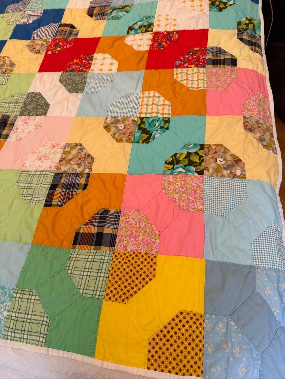 Vintage large hand stitched colorful bright quilt 83”x71” cottage core farmhouse